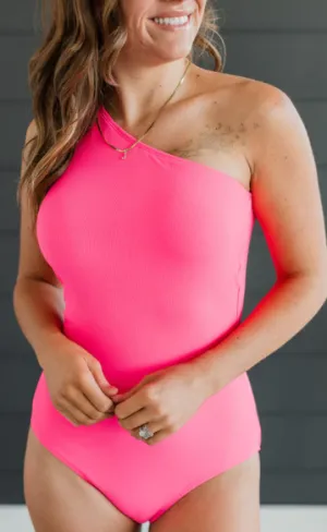 Beach Bound Ribbed One-Piece Swimsuit- Neon Pink