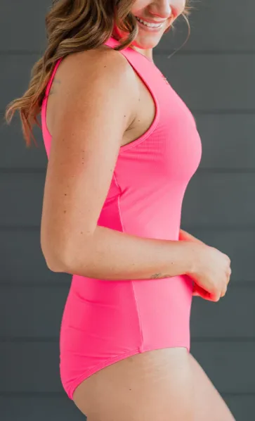 Beach Bound Ribbed One-Piece Swimsuit- Neon Pink