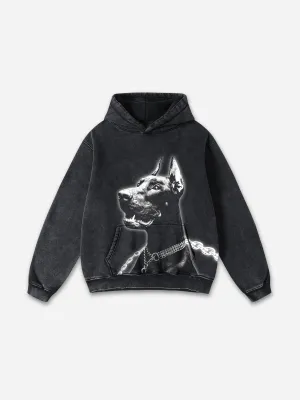 Blavra Vintage Doberman Print Graphic Black Acid Washed Pullover Hoodie