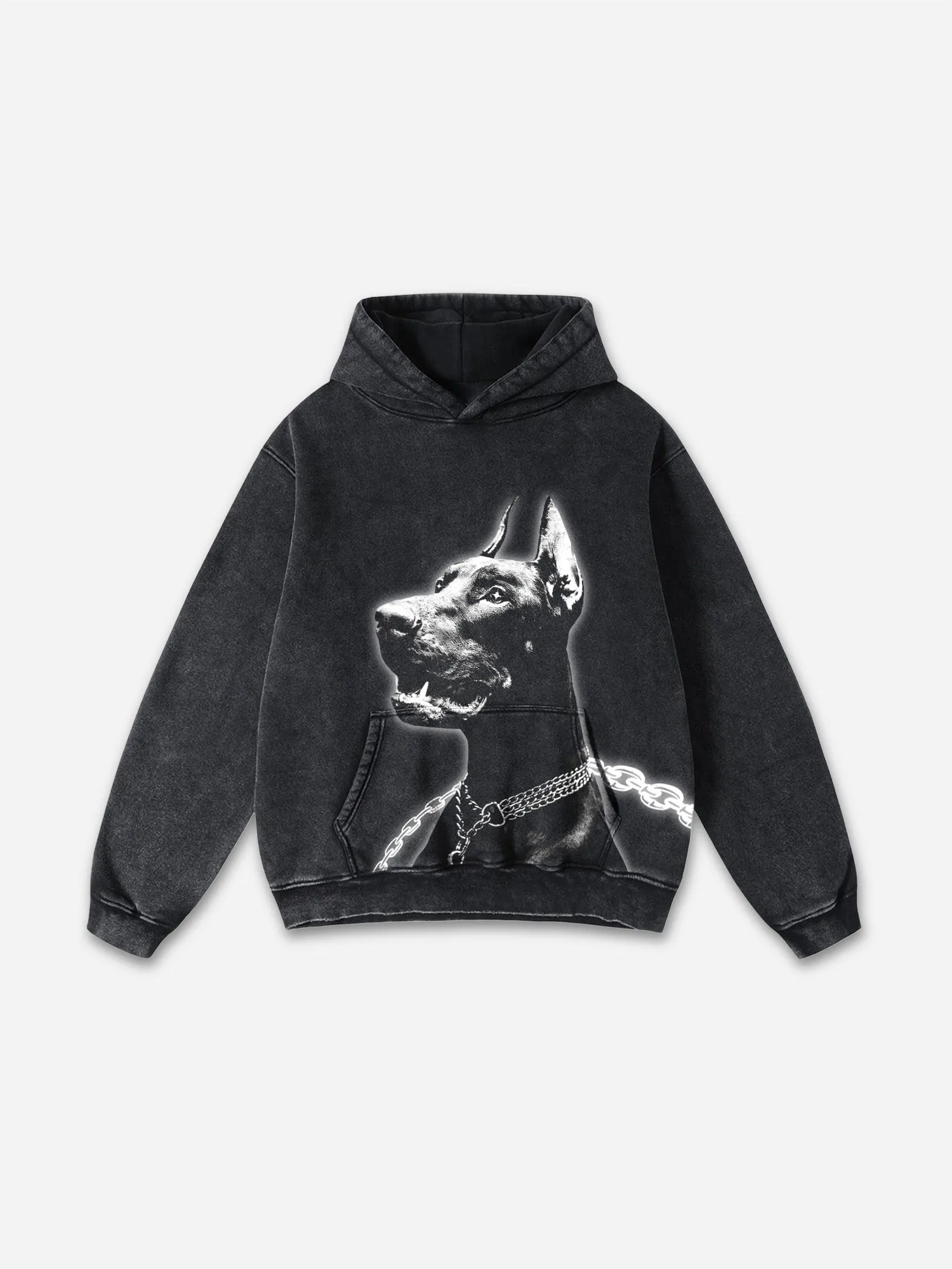 Blavra Vintage Doberman Print Graphic Black Acid Washed Pullover Hoodie