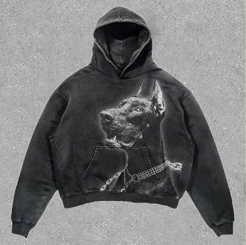 Blavra Vintage Doberman Print Graphic Black Acid Washed Pullover Hoodie
