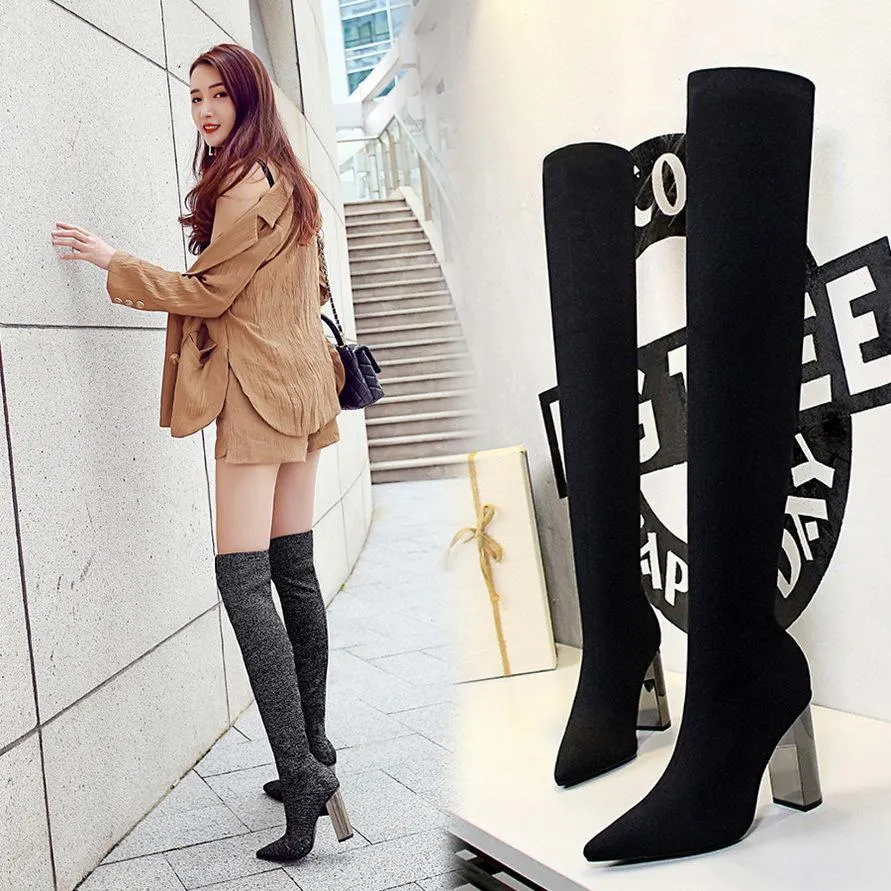 Chicvane Womens Woolen Yarn Pointed Toe Metal Chunky Heel Over The Knee Boots
