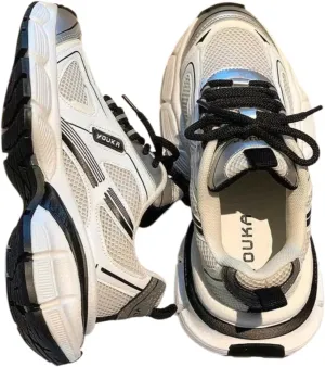 Chunky Dad Sneakers for Women - Fashion Platform Shoes with Breathable Mesh, Colorblock Design, Comfortable Athletic Walking Shoes (White/Black or White/Pink)
