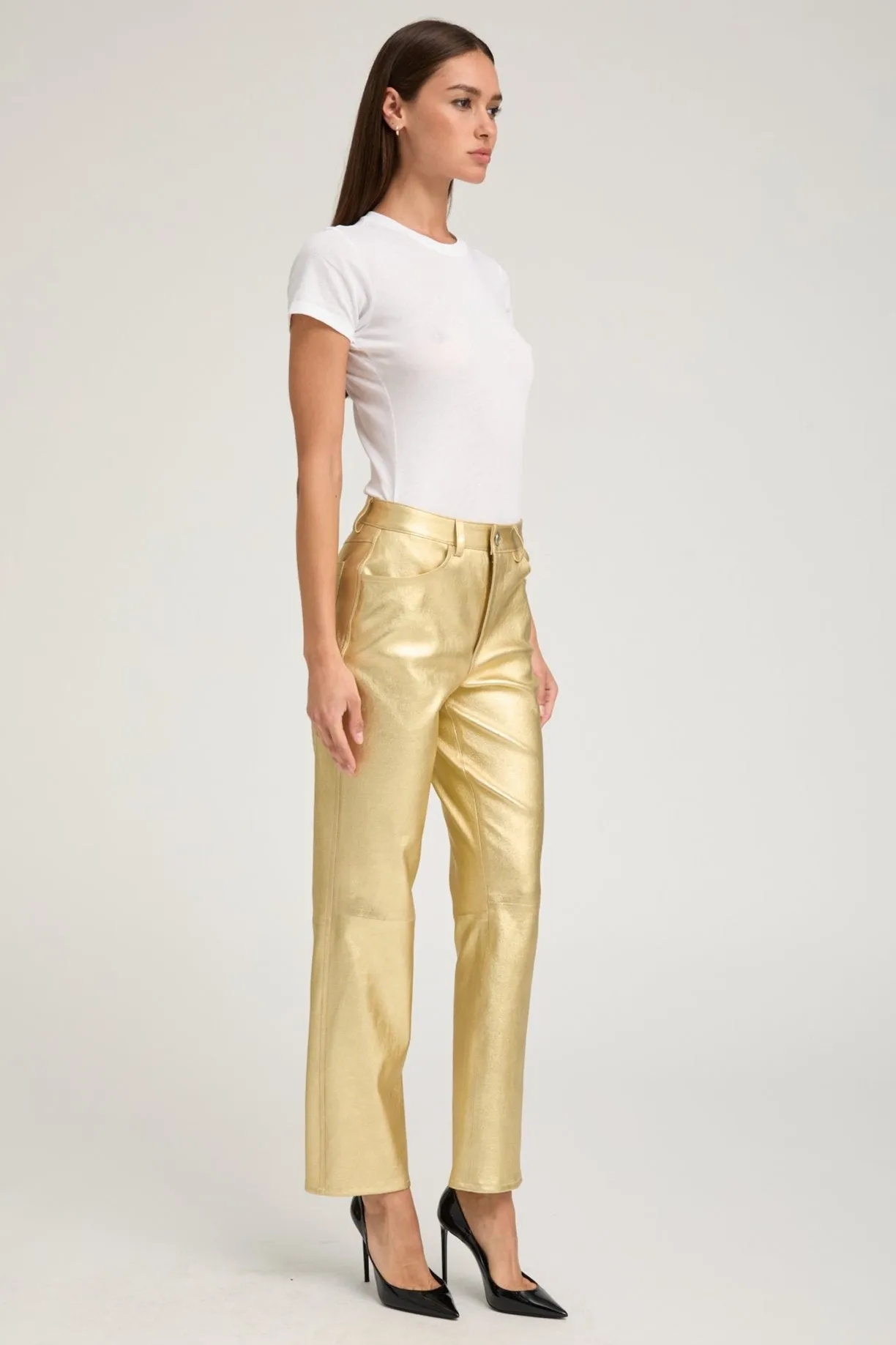 Metallic Gold Leather 5 Pocket Ankle Slim Straight