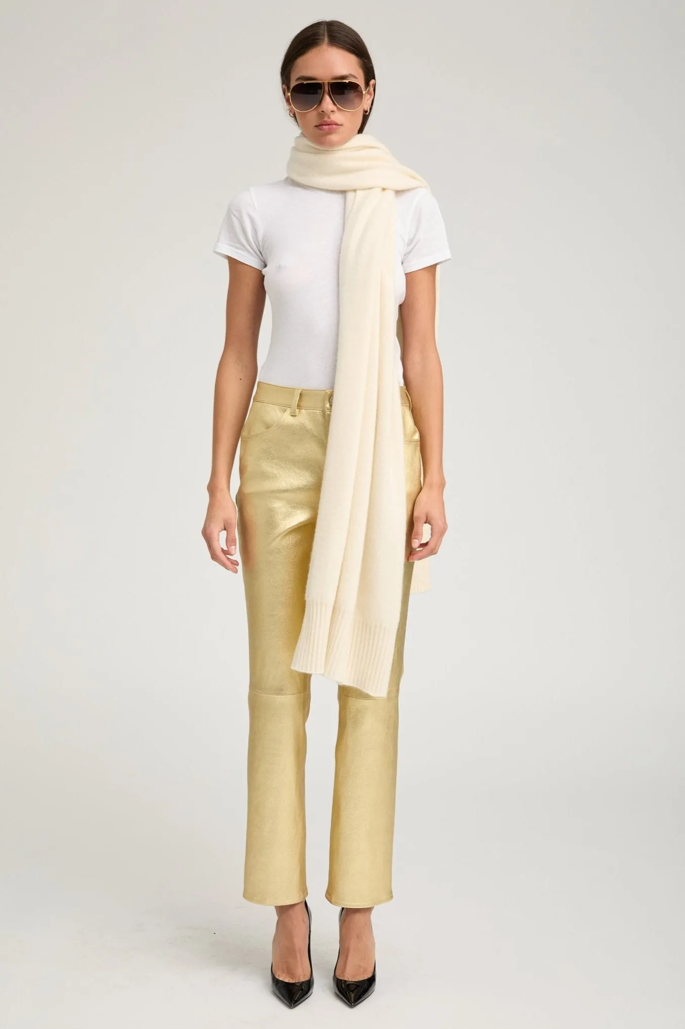 Metallic Gold Leather 5 Pocket Ankle Slim Straight