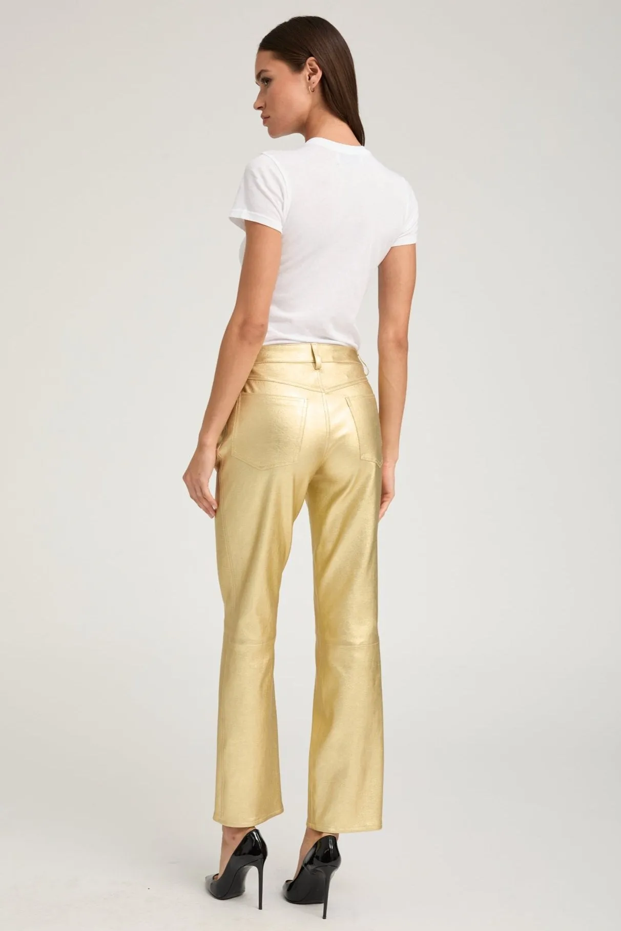 Metallic Gold Leather 5 Pocket Ankle Slim Straight