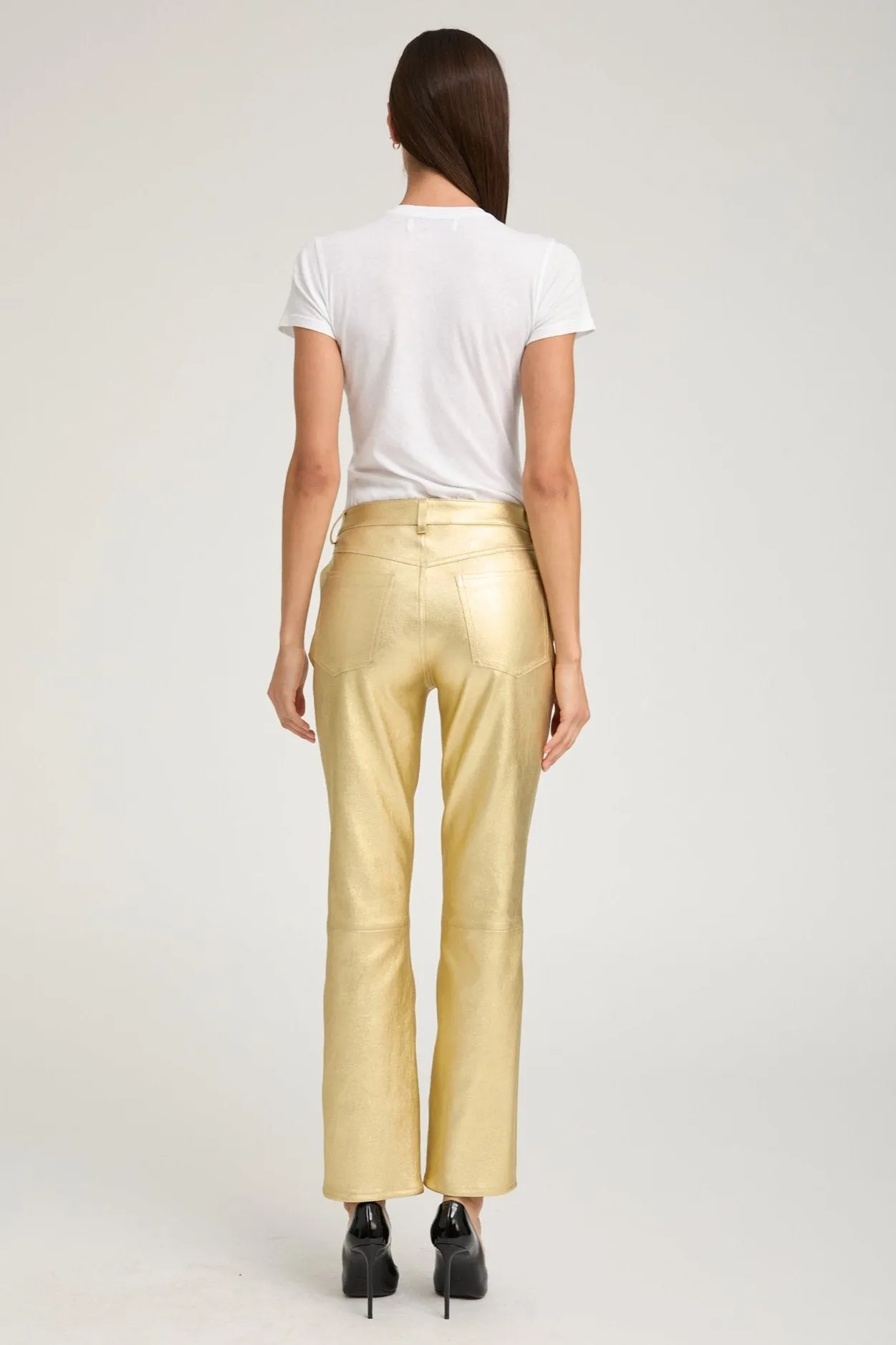 Metallic Gold Leather 5 Pocket Ankle Slim Straight