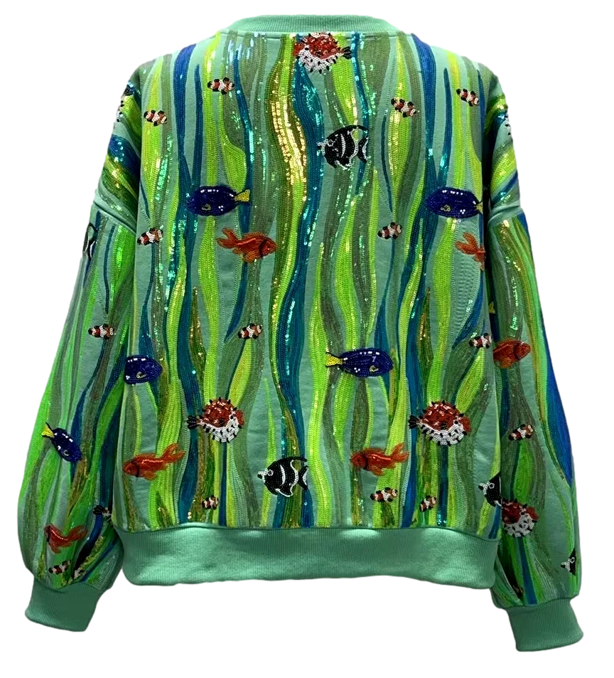 Queen Of Sparkles Green Multi Sequin Fish In Underwater Leaves Sweatshirt