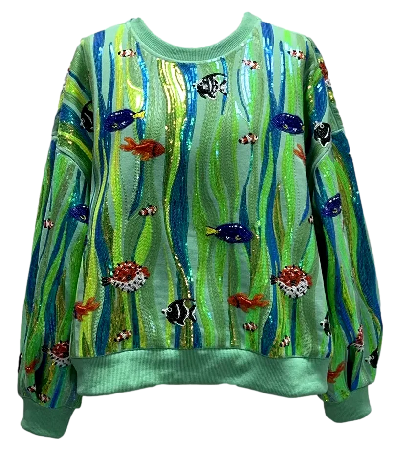 Queen Of Sparkles Green Multi Sequin Fish In Underwater Leaves Sweatshirt
