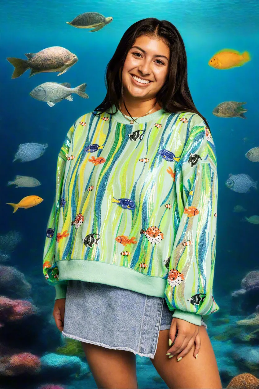 Queen Of Sparkles Green Multi Sequin Fish In Underwater Leaves Sweatshirt