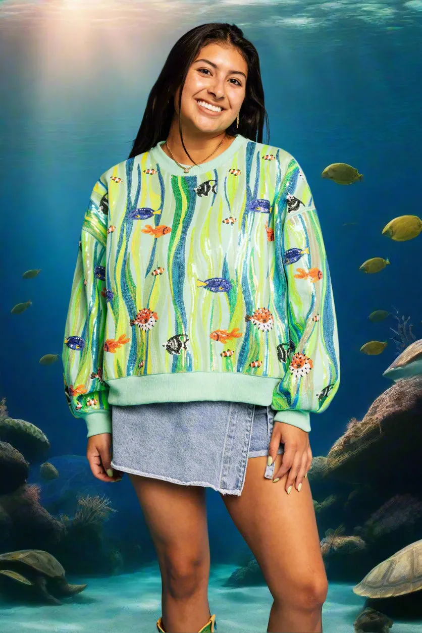 Queen Of Sparkles Green Multi Sequin Fish In Underwater Leaves Sweatshirt
