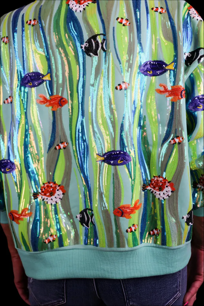 Queen Of Sparkles Green Multi Sequin Fish In Underwater Leaves Sweatshirt