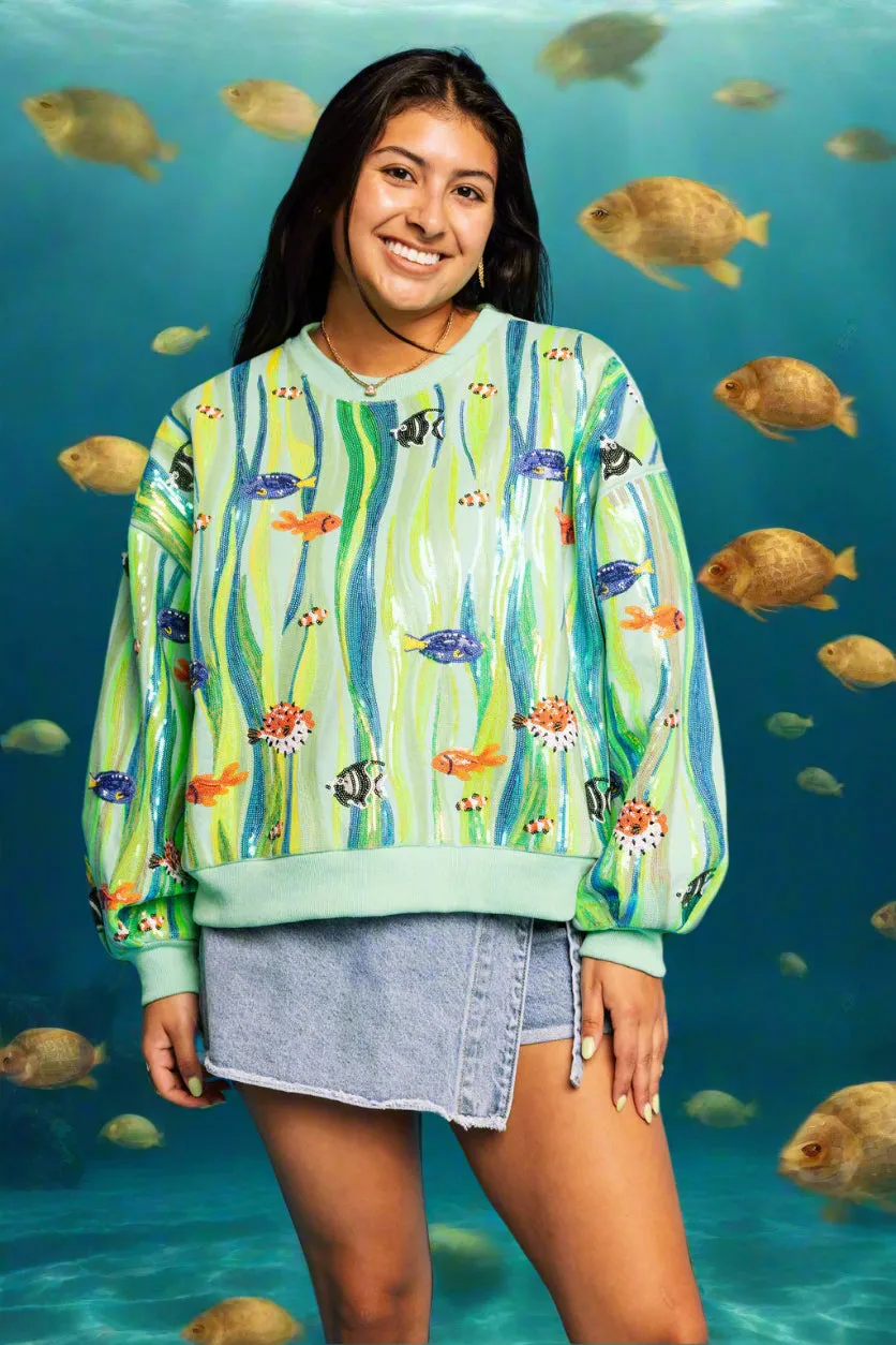 Queen Of Sparkles Green Multi Sequin Fish In Underwater Leaves Sweatshirt