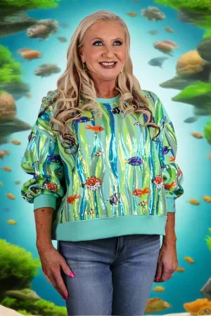 Queen Of Sparkles Green Multi Sequin Fish In Underwater Leaves Sweatshirt