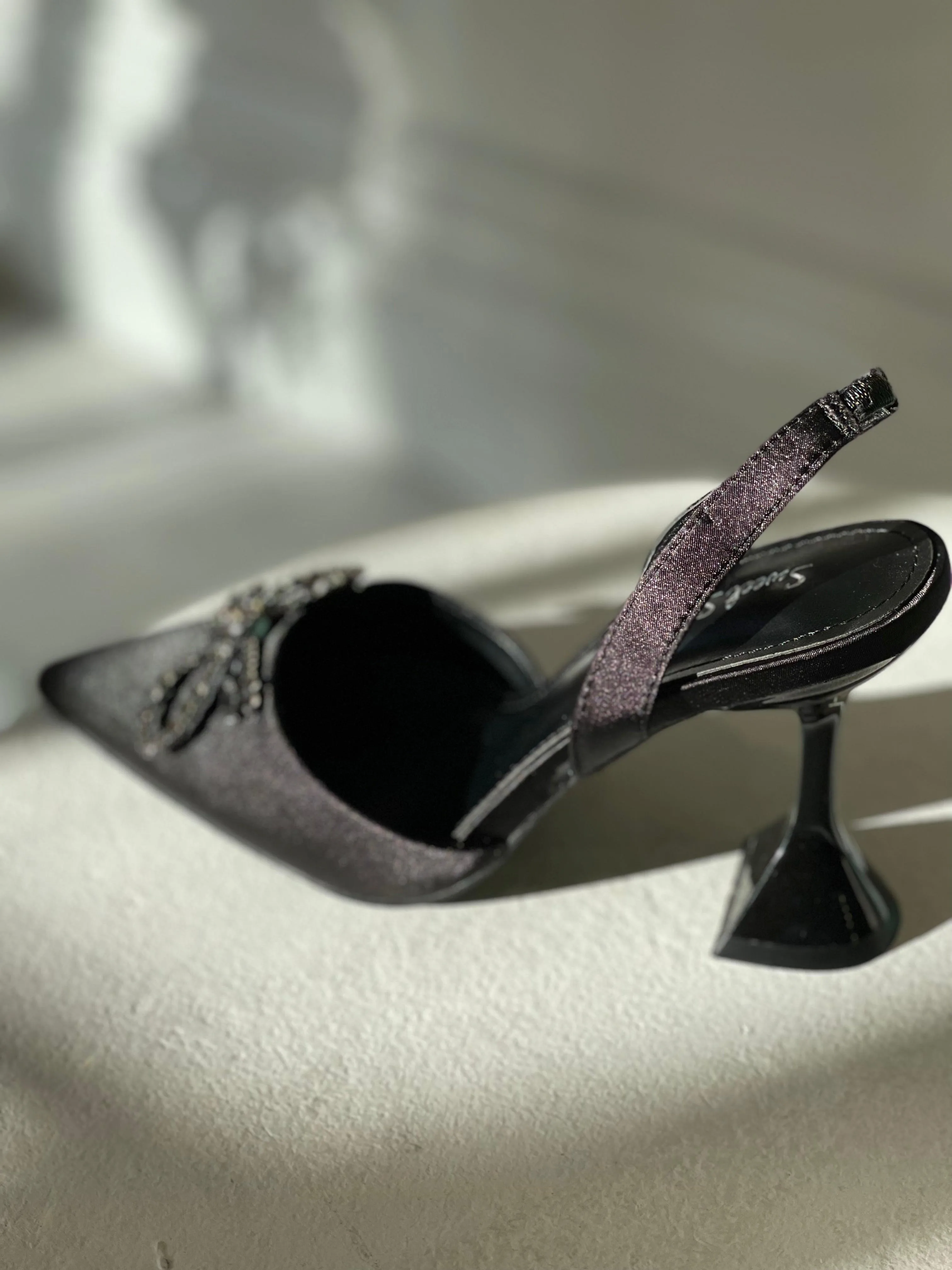 Rosie Crystal Embellished Satin Pumps in Black
