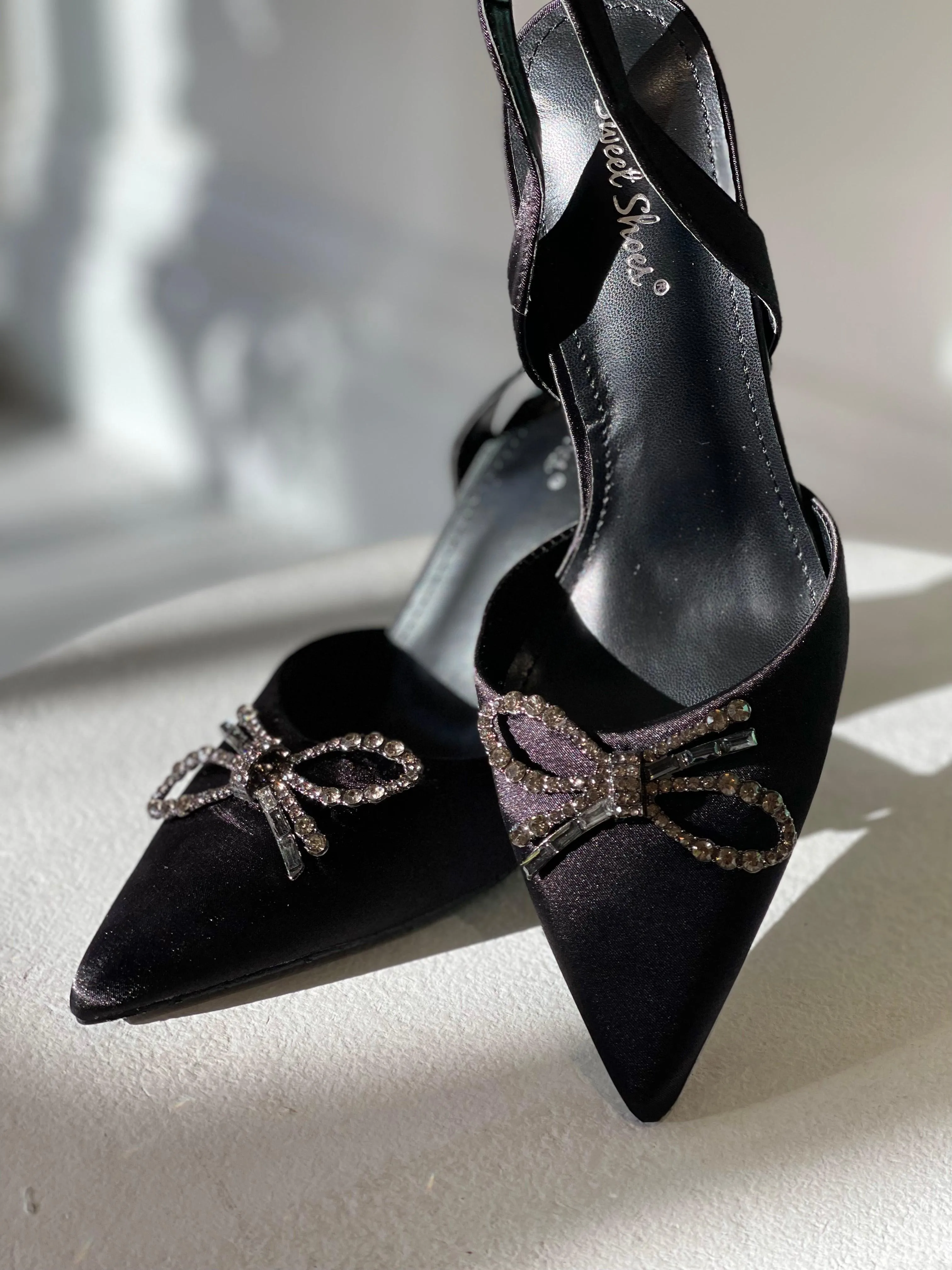 Rosie Crystal Embellished Satin Pumps in Black
