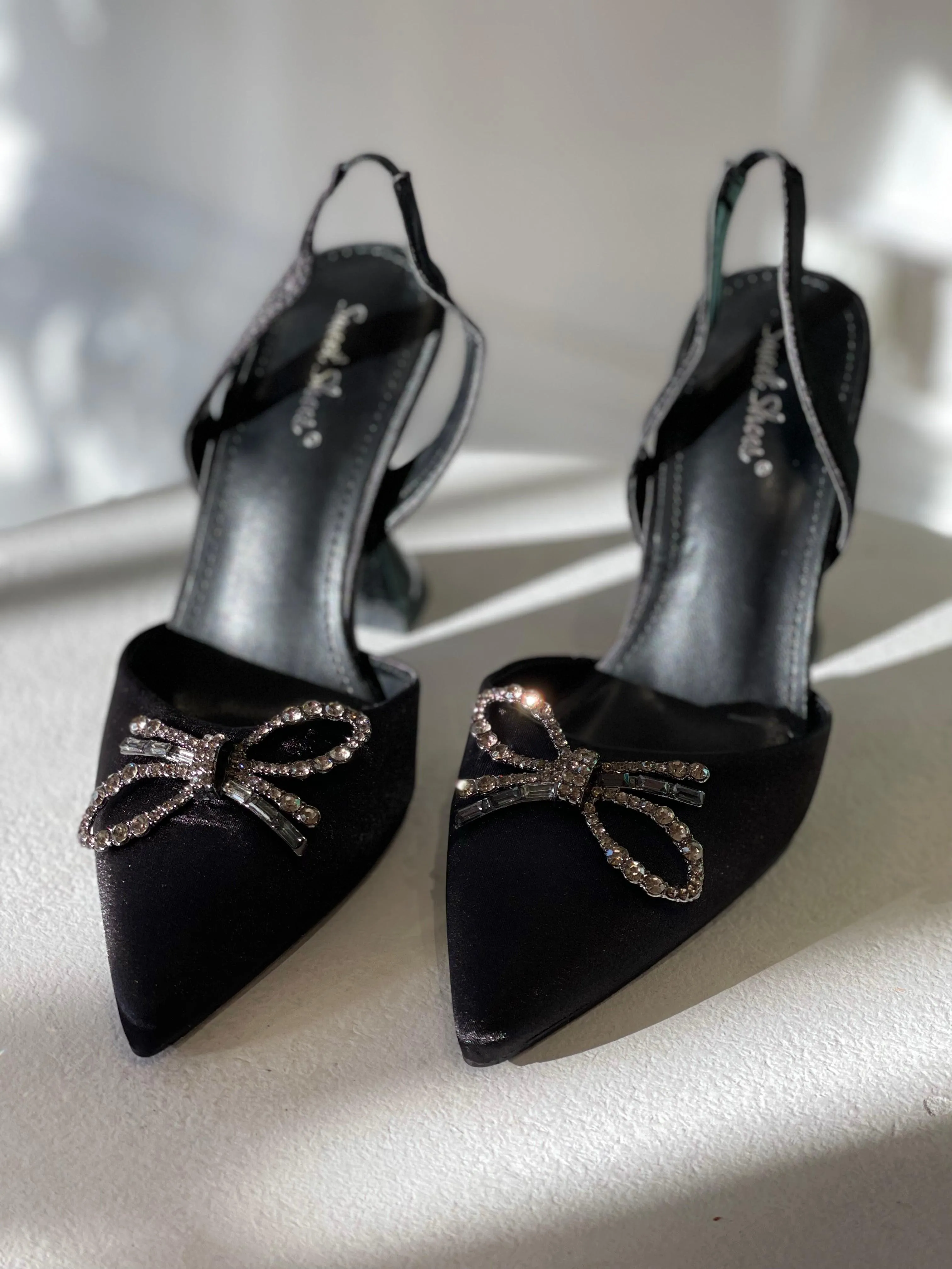 Rosie Crystal Embellished Satin Pumps in Black
