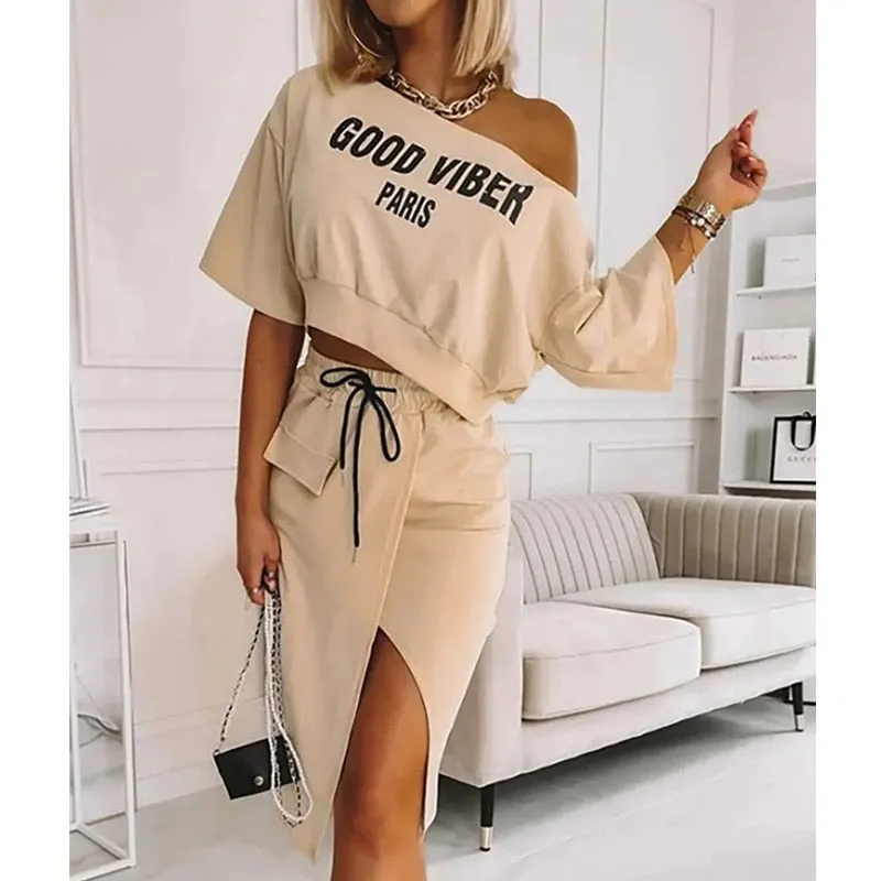 Sarah's Street Chic Set: Letter Print Top & Slit Skirt Combo