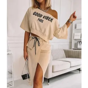 Sarah's Street Chic Set: Letter Print Top & Slit Skirt Combo