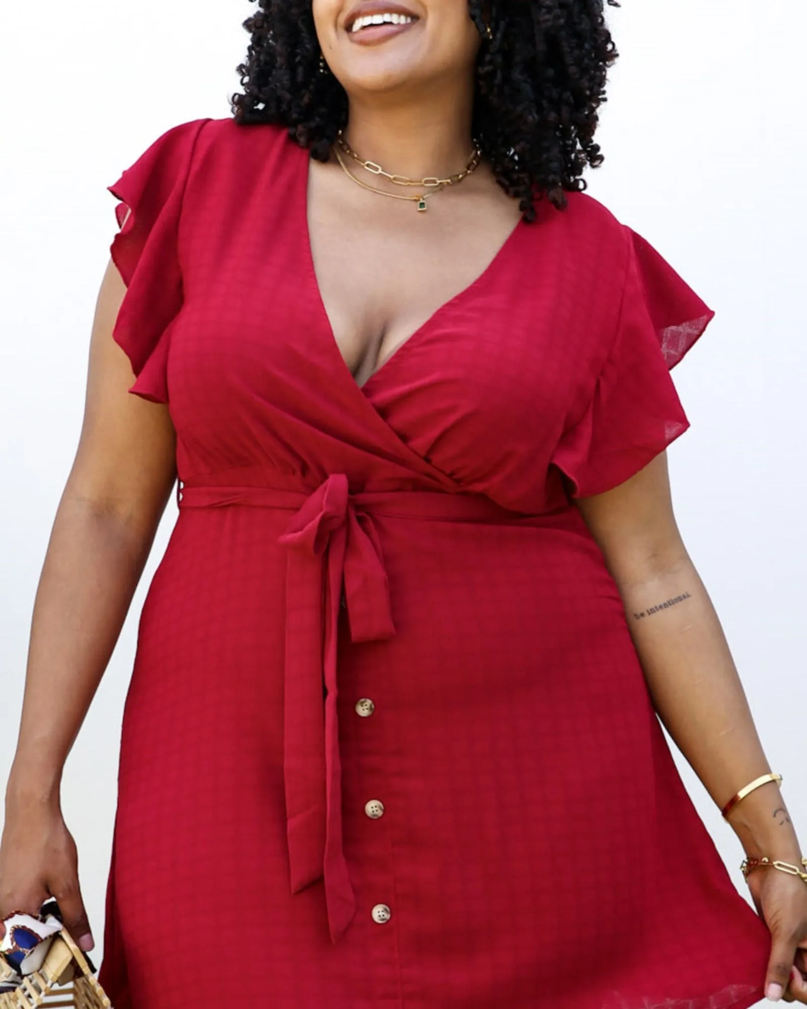 Solid Color Swing Dress with Ruffle Sleeves | Red