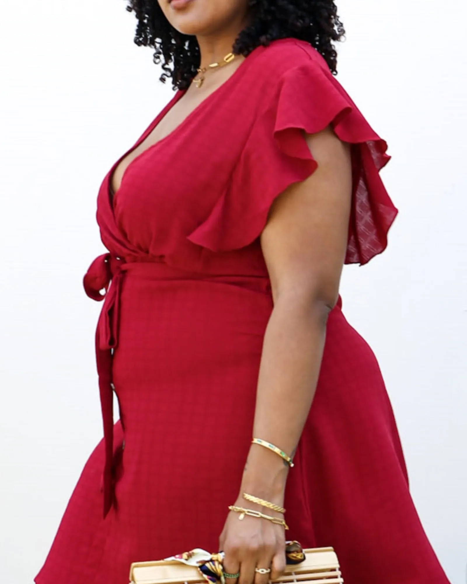 Solid Color Swing Dress with Ruffle Sleeves | Red