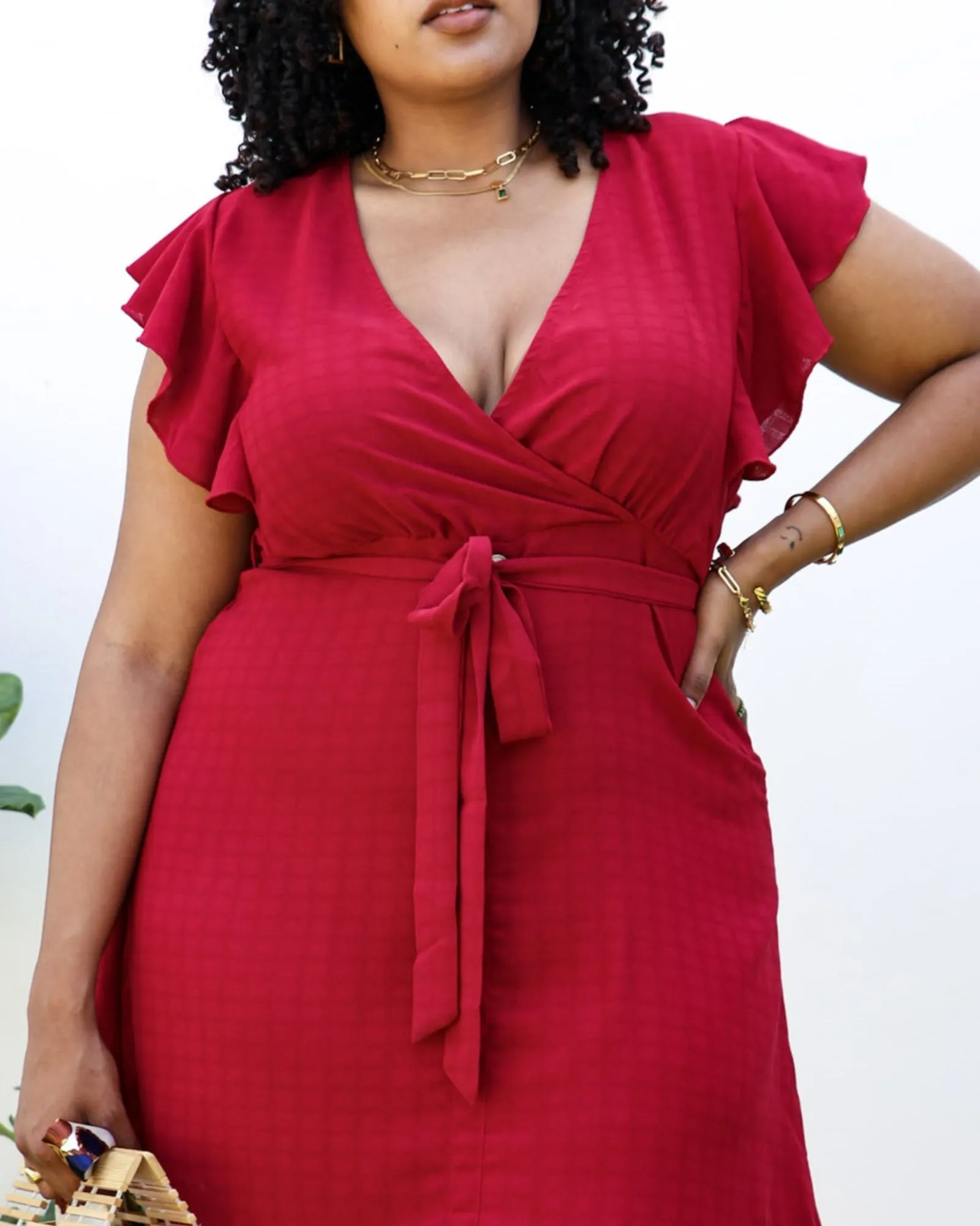 Solid Color Swing Dress with Ruffle Sleeves | Red