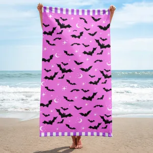 Spooky Cute Bat Beach Towel | Pink and Purple Goth Towel | Pastel Moon Star Towel | Creepy Kawaii Summer Accessory | Halloween Pool Towel