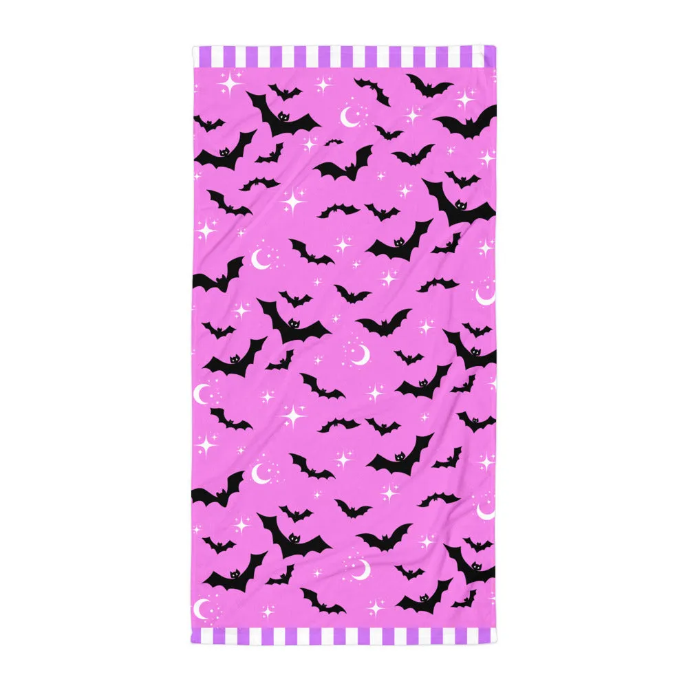 Spooky Cute Bat Beach Towel | Pink and Purple Goth Towel | Pastel Moon Star Towel | Creepy Kawaii Summer Accessory | Halloween Pool Towel