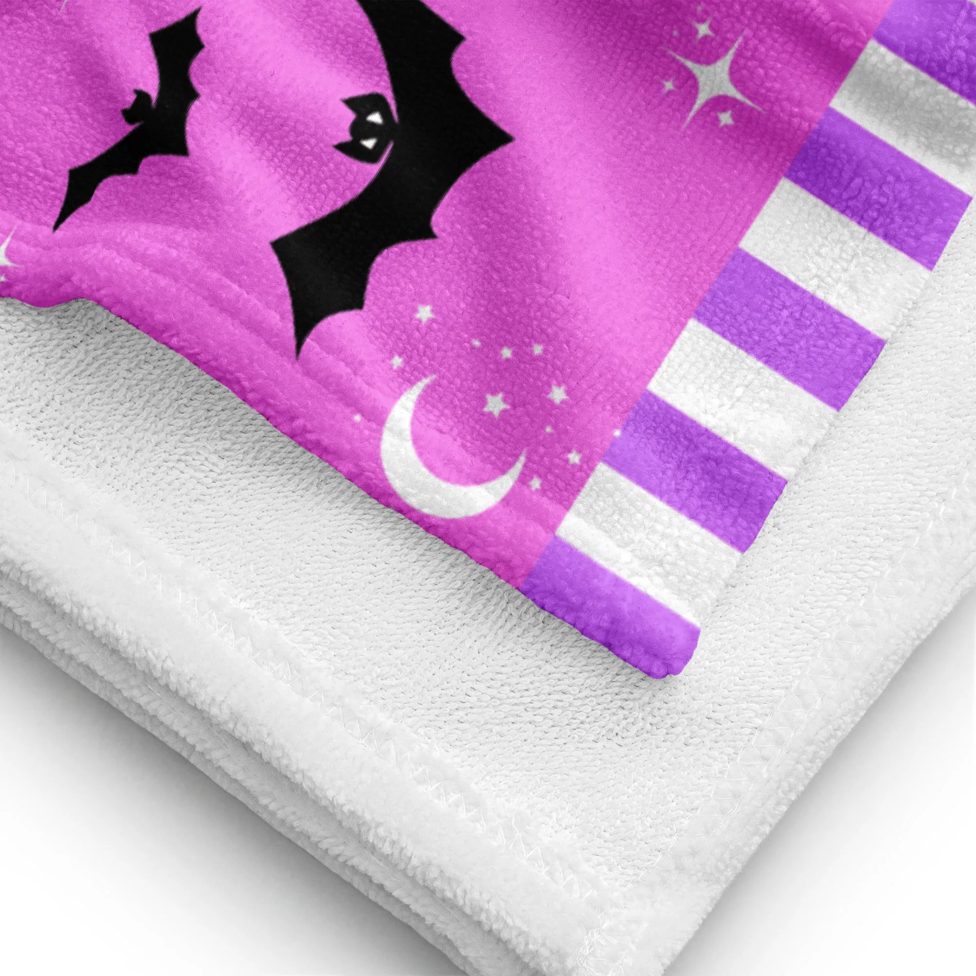 Spooky Cute Bat Beach Towel | Pink and Purple Goth Towel | Pastel Moon Star Towel | Creepy Kawaii Summer Accessory | Halloween Pool Towel