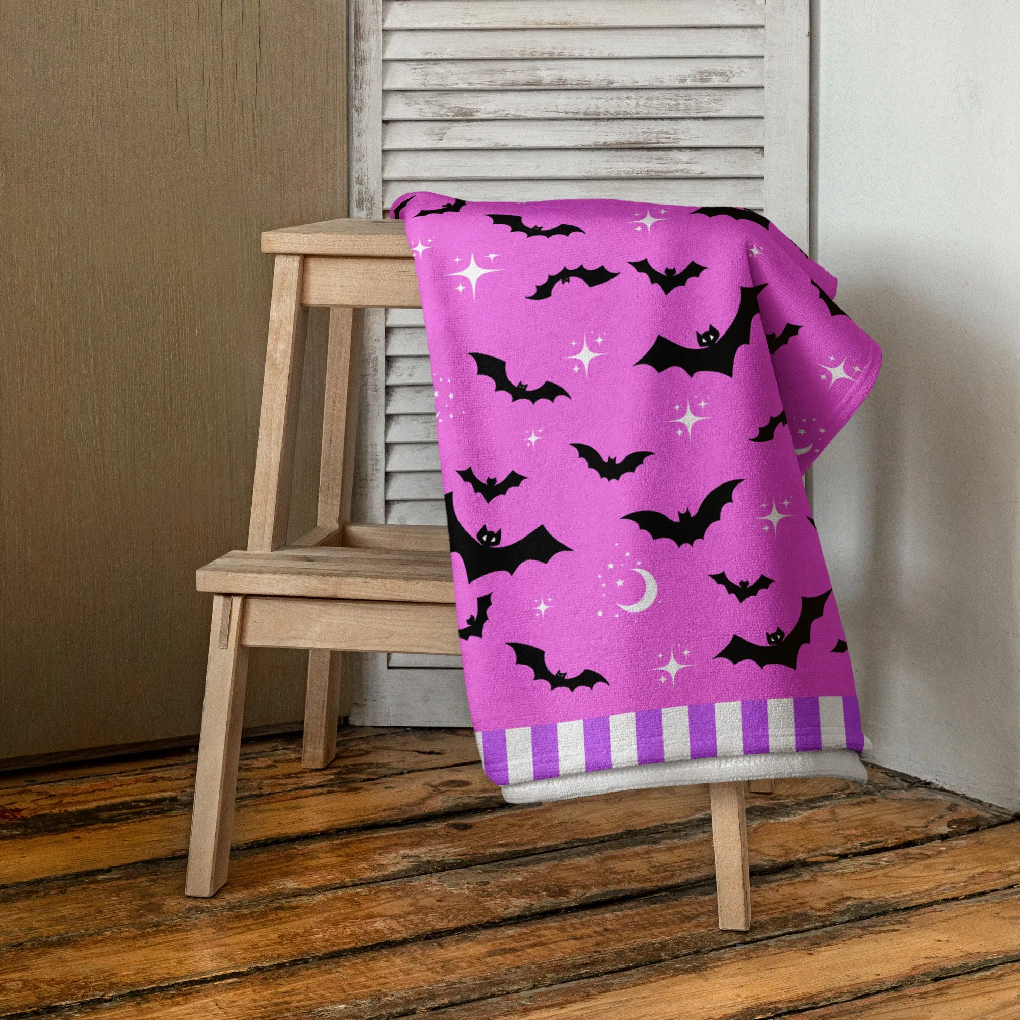 Spooky Cute Bat Beach Towel | Pink and Purple Goth Towel | Pastel Moon Star Towel | Creepy Kawaii Summer Accessory | Halloween Pool Towel