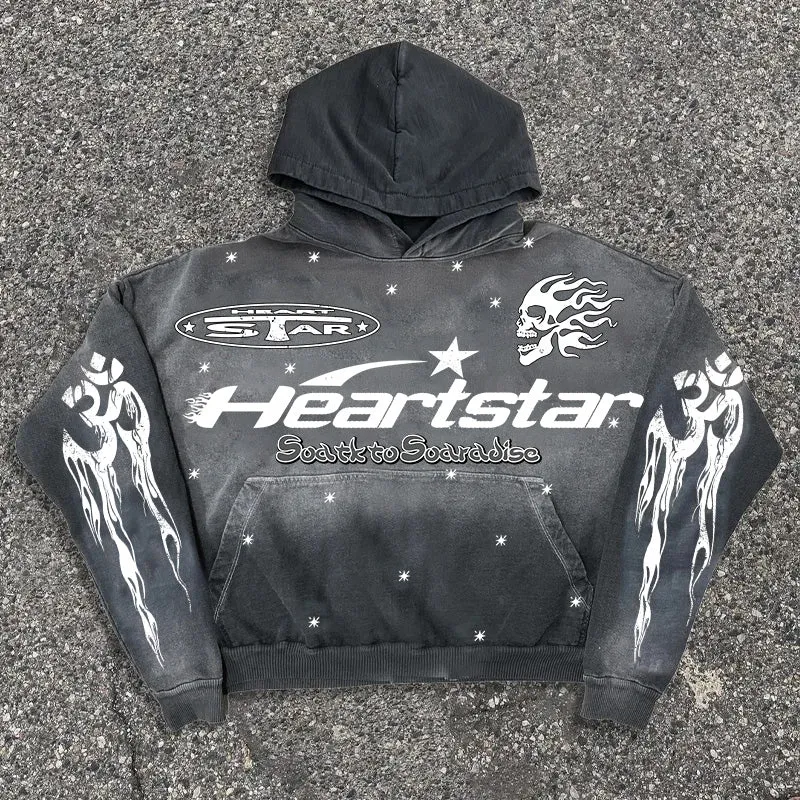 Vintage Heart Star Graphic Gray Acid Washed Pullover Hoodie